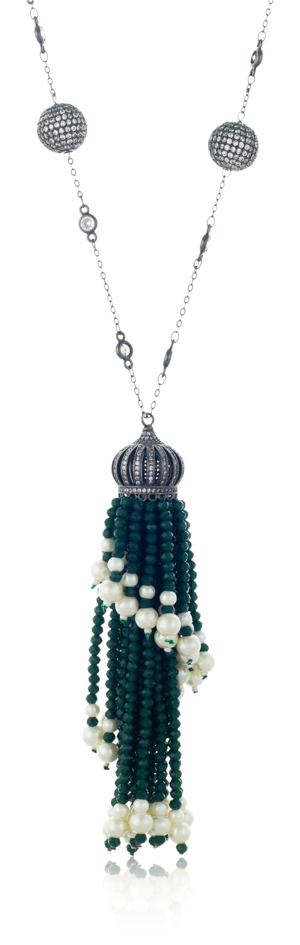 Sterling Silver Balls Chain with Emerald Tassel